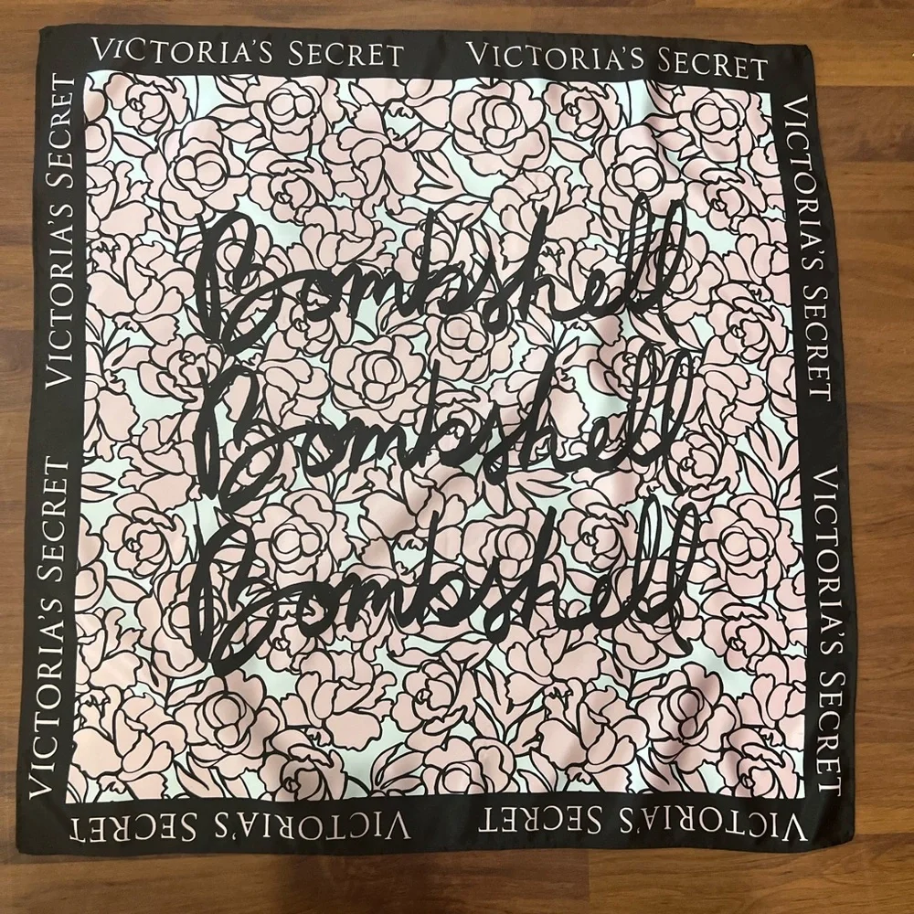 Victoria's Secret Bombshell Satin Scarf Bandana Pink Floral Logo Print Square